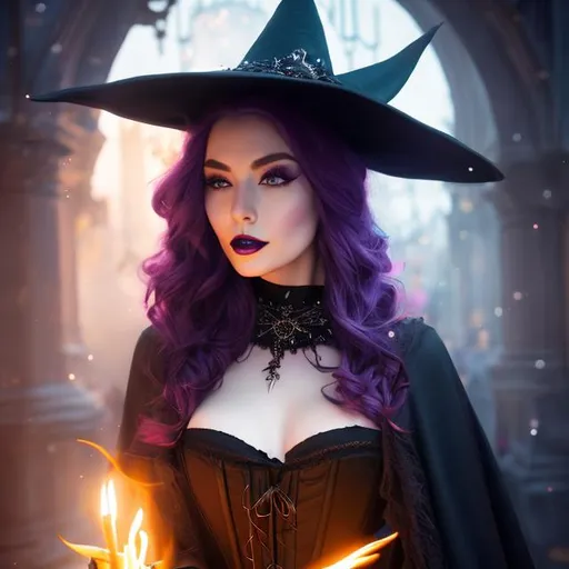 Prompt: A beautiful witch wearing a witches hat, corset and cloak, character concept, cinematic lighting, volumetric lighting, dynamic lighting, 8k, HDR, CGI, highly detailed, hyper realistic, intricate detailing, centered art, edge-to-edge print, full body image, trending on artstation, concept art, soft, sharp focus, illustration, art by Carne Griffiths and Wadim Kashin, digital illustration, style of Horizon Dawn, octane render, unreal engine