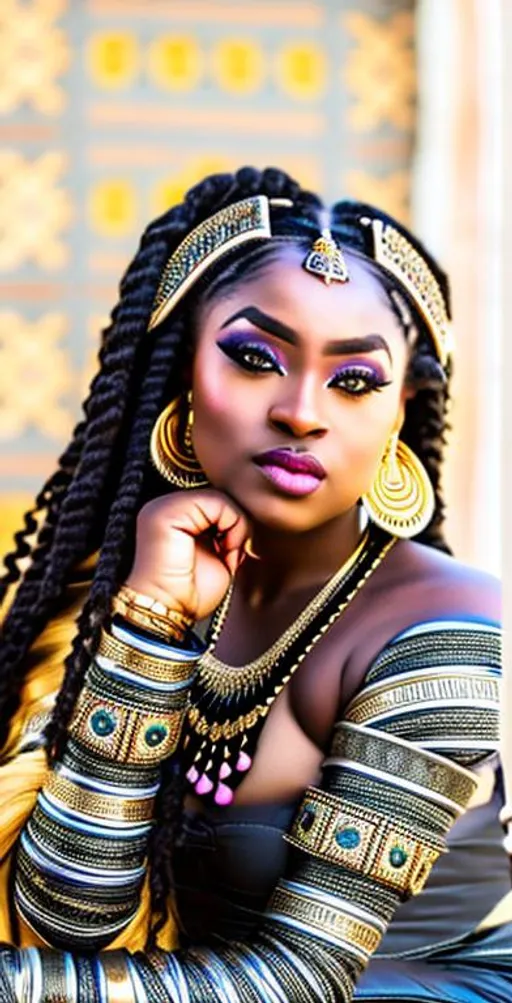 Prompt: Beautiful female African warrior queen seated on a beautiful throne, smooth soft skin, big dreamy eyes, beautiful intricate black hair, soft lighting, detailed face, 
