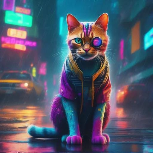 Prompt: A colourful and beautiful house cat in the rain in a cyberpunk world in a marvel movie style