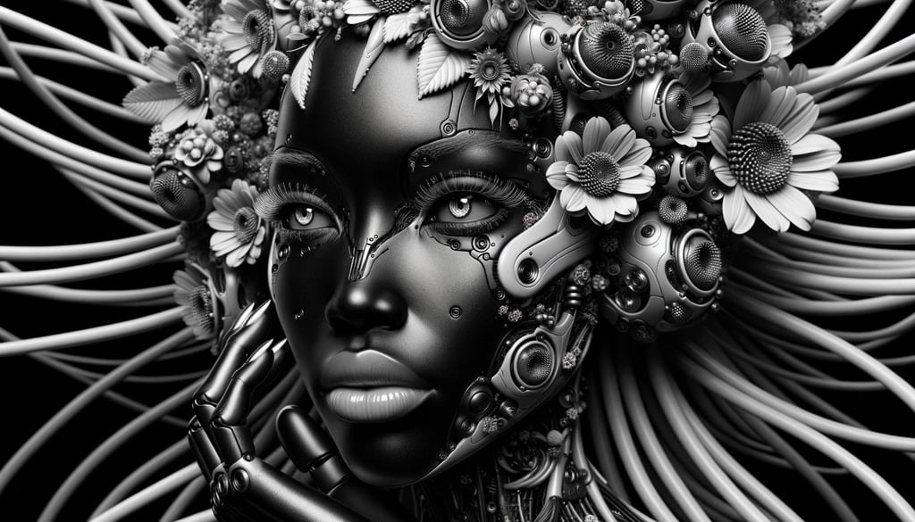 Prompt: female robots and artificial life flora & fauna, in the style of realistic hyper-detailed rendering, dark black and silver, afrofuturism, detailed facial features, matte photo, 32k uhd, intricate embellishments in wide ratio