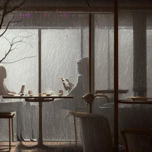 Prompt: a beautifull rainy day through a wooden window by greg rutkowski, soft palette, .Bright Cozy Cafe Interior. Dark lightning storm outside. Cinematic Lighting. Ambient Scene a table by window's side with coffee laptop headphones working cafe 
animated amine style 