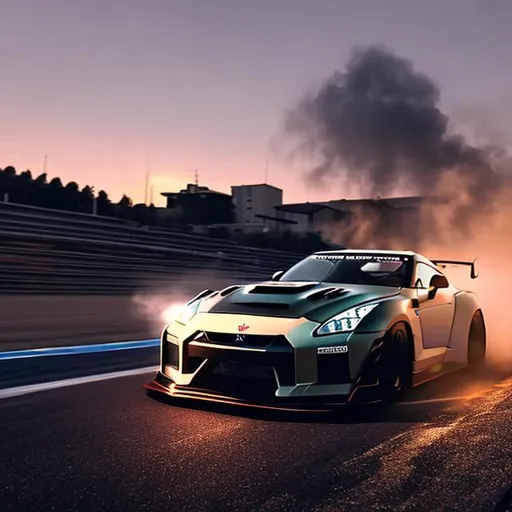 Prompt: GTR35 is drifting, smoky, competing with the skyline in evening 