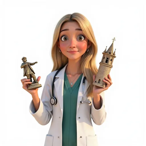 Prompt: Pixar animation movie frame of MirGorSan dressed as a doctor, holding the Giralda tower on her right hand and a Columbus statue on his left hand, leave a white background