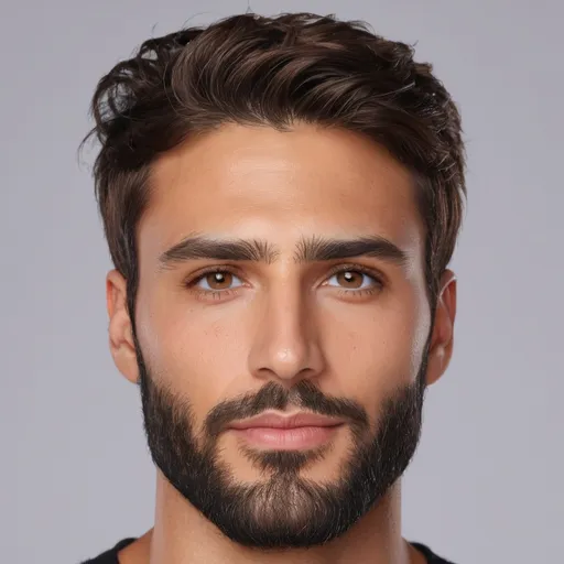 Prompt: Composite face of a 30-year-old man, hyper-realistic, photorealistic, Well-Defined Brow Ridge, deep-set hazel eyes, strong chiseled jawline and chin, short wavy hair with short full beard, high cheekbones, symmetrical, subtle contour nose, defined nostrils, defined lips, tanned complexion, high quality, photorealism, detailed features, realistic, symmetrical, hazel eyes, chiseled jawline, wavy hair, full beard, high cheekbones, detailed nose, photorealistic lighting