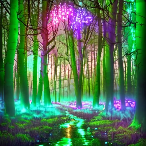 Prompt: twisted and ominous forest with godrays, water on ground, trippy colored lights,