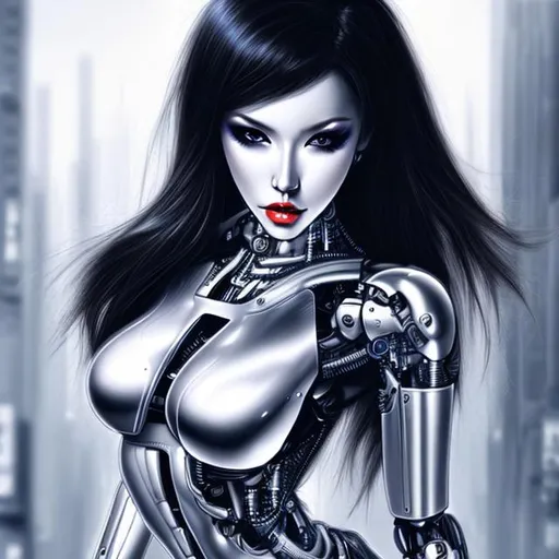 Prompt: Sexy, feminine, chrome robot, UHD, Hyper realistic, 8K, Photo, H. R. Giger style background, cyborg, female, attractive, Hajime Sorayama style robot woman,