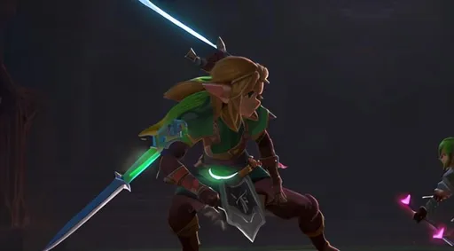 Prompt: the master sword glowing with energy as link stabs it through ganondorfs head