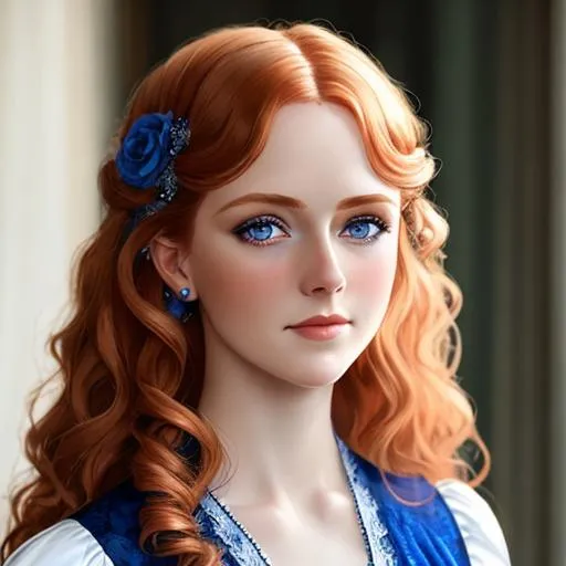 Prompt: beautiful Victorian woman with long , very curly strawberry blonde hair and light blue eyes wearing a blue gown,facial closeup