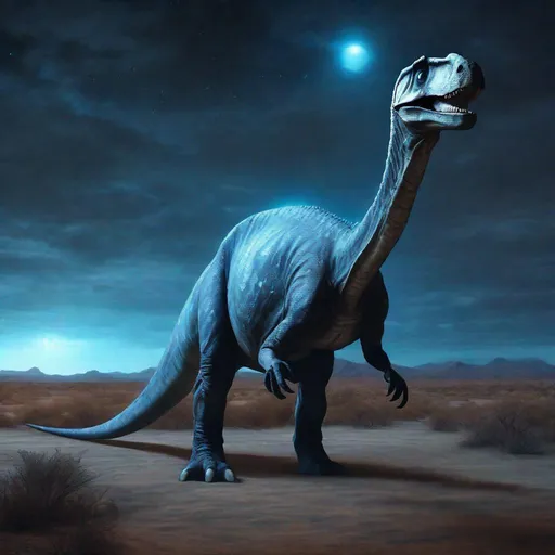 Prompt: Brachiosaurus, ebony black with a light-blue glow surrounding it, blue glowing eyes, Githyanki psionics mage hand, dead of night with a brilliant space sky above, masterpiece, best quality, in hyperrealism art style