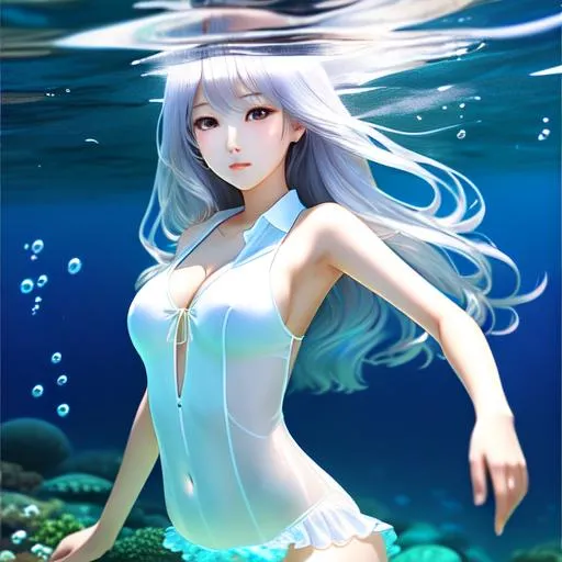 Prompt: Landscape Beautiful young korean woman underwater , manhwa face, beautiful body, intricate, intricate silver hair, open clothes, with school uniform,shirt, firm, student, japan,perfect body, cute, wet, milky, hyperrealism,beautiful photography , highly detailed, digital art by sakimichan and kidmo, hd, 4k,8k