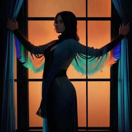 Prompt: Silhouette illustration of a woman 🗣️ long shawl. Curtains within a room with dark warm colors. Send with tiny  mark glowing. Cinematic lifestyle. Posing with elegance. Flying feathers with rain in window. Vibrant colorful background