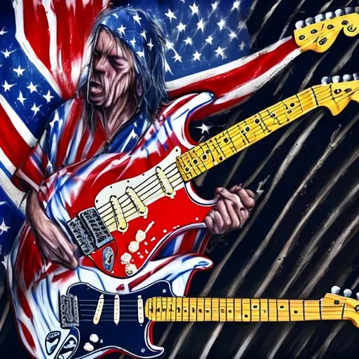 Prompt: a guitartist playing a fender stratocaster painted like an american flag is playing his guitar and sweating in fron t of marshall amps


