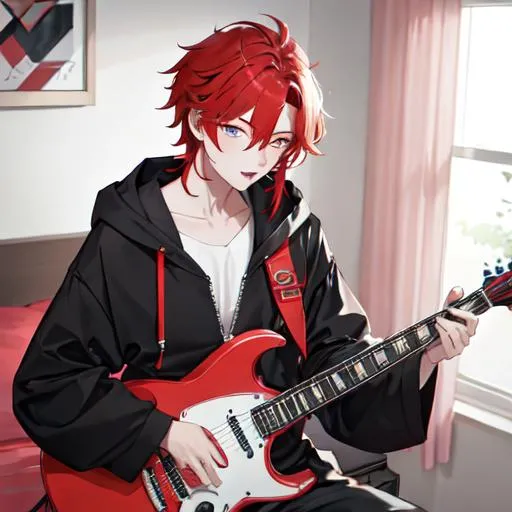 Prompt: Zerif 1male (Red side-swept hair covering his right eye) singing and playing and an electric guitar, in the bedroom
