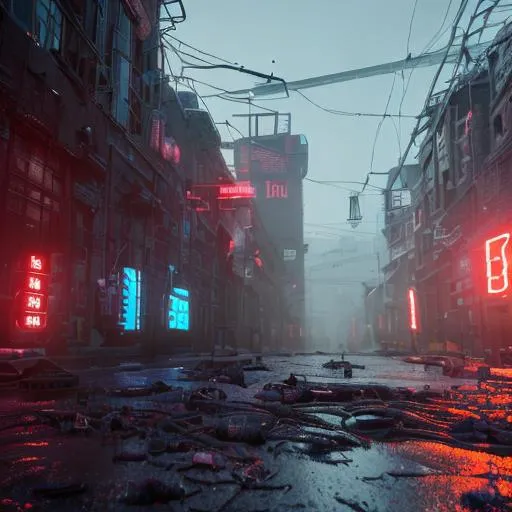 Prompt: city with a lot of building, in cable stone ground. lots hanging cables, tiny wires on the ground. garbage on the ground. rain. fog, haze, evening. led screens. neon signs. very sharp. cables on the ground. very messy. futuristic. photorealistic. duke nukem style