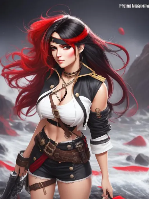 Prompt: ombre red-black hair, pirate captain, girl, eye-patch, solo, daunting, intimidating, serious, cruel, mole under eye, happy, mole on body, fullbody, ((full body)) {{good looking}} {{cute}} {{good body}} {{tight}}, symmetrically colored hair, {{shadows}},
