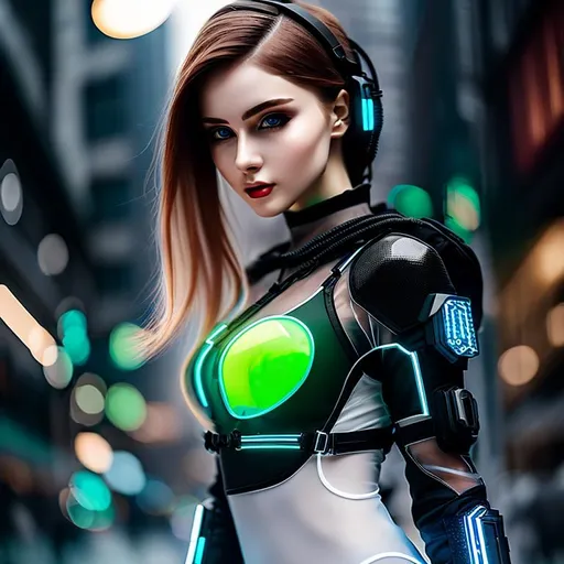 Prompt: an russian female with a transparent outfit with visible pale skin, cyberpunk style, high details, realistic , dark lighting, professionally colour graded, photorealism, 8k