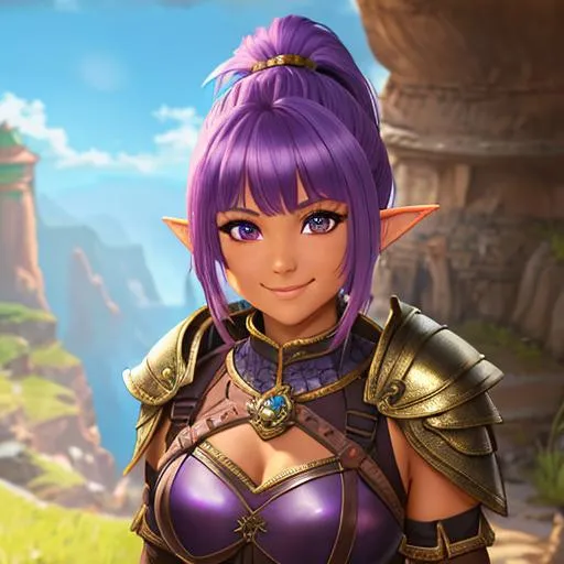 Prompt: oil painting, D&D fantasy, tanned-skinned-gnome girl, tanned-skinned-female, short, beautiful, short bright purple hair, bangs and ponytail hair, smiling, pointed ears, looking at the viewer, Warrior wearing intricate armor outfit, #3238, UHD, hd , 8k eyes, detailed face, big anime dreamy eyes, 8k eyes, intricate details, insanely detailed, masterpiece, cinematic lighting, 8k, complementary colors, golden ratio, octane render, volumetric lighting, unreal 5, artwork, concept art, cover, top model, light on hair colorful glamourous hyperdetailed medieval city background, intricate hyperdetailed breathtaking colorful glamorous scenic view landscape, ultra-fine details, hyper-focused, deep colors, dramatic lighting, ambient lighting god rays, flowers, garden | by sakimi chan, artgerm, wlop, pixiv, tumblr, instagram, deviantart