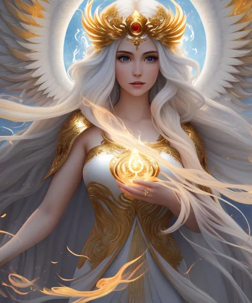 Prompt: 8k,high detail,highly detailed face and eyes, girl, halo, gold detailed phoenix wings, glowing white flaming long hair burning with white fire, elegant white and gold tunic, symmetrically colored hair, phoenix, cloak, white phoenix fire, white fire, her hair is Freeform white fire which flows and swirls about her, detailed outdoor background, slender body, XXXXXX hairband, ((full body)) {{good looking}} {{cute}} {{good body}} {{tight}}, 