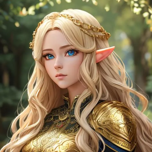 Prompt: "Full body, oil painting, fantasy, anime portrait of a female elf, long wavy blonde hair, wearing intricate chainmail, #3238, UHD, hd , 8k eyes, detailed face, big anime dreamy eyes, 8k eyes, intricate details, insanely detailed, masterpiece, cinematic lighting, 8k, complementary colors, golden ratio, octane render, volumetric lighting, unreal 5, artwork, concept art, cover, top model, light on hair colorful glamourous hyperdetailed medieval city background, intricate hyperdetailed breathtaking colorful glamorous scenic view landscape, ultra-fine details, hyper-focused, deep colors, dramatic lighting, ambient lighting god rays, flowers, garden | by sakimi chan, artgerm, wlop, pixiv, tumblr, instagram, deviantart