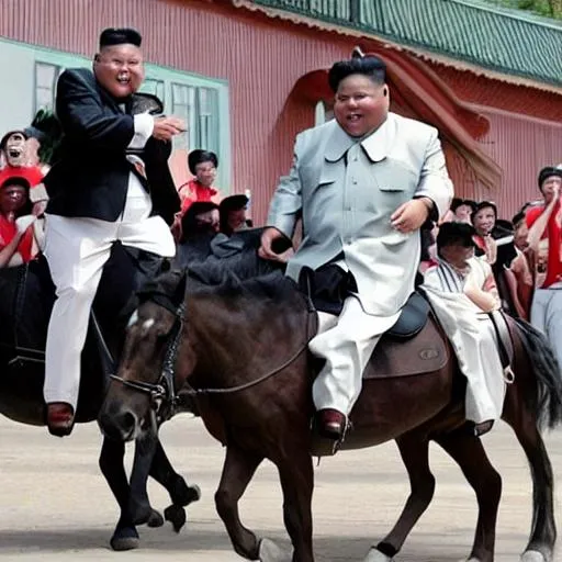 Prompt: Black Kim Jong Un riding horse