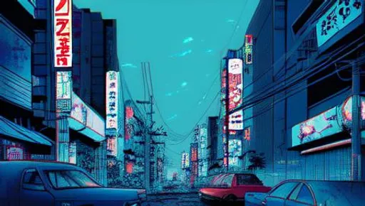 Prompt: post apocalypse night tokyo anime wallpaper retro vibes
