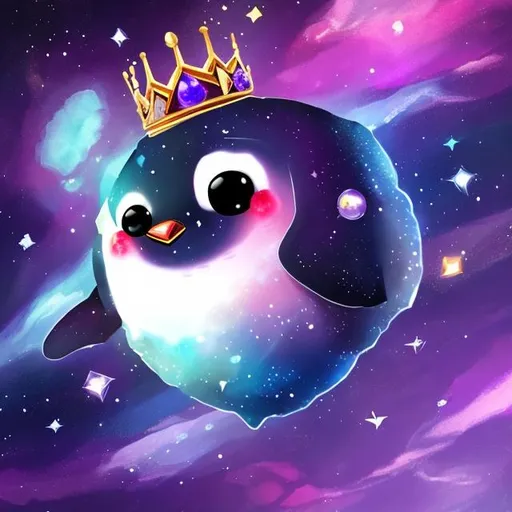 Prompt: A cartoon ruby  penguin with a purple crown in outer space. Penguin has big cute sapphire eyes.