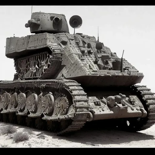 Prompt: troop transport, long, mark v tank ww1, tank tracks, desert, scifi