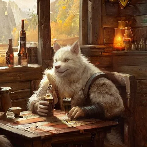 Prompt: portrait of a cute funny animal furry adventurer sitting at a table in a tavern and drinking beer, fantasy world. Epic portrait by james gurney and Alfonso mucha (witcher 3, dnd, dragon age).