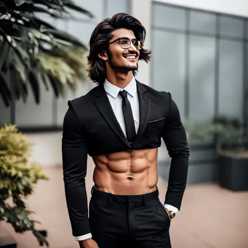 Prompt: an attractive long-haired 20-years old man with a six pack abs and glasses wearing black suit and tie with black suit pants and bare navel, he is outside observing things, smiling 