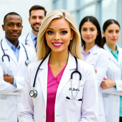 Prompt: In a brightly lit medical office setting, a confident young woman stands at the forefront, showcasing her warm smile and professional demeanor in a white lab coat with nameplate that reads "Dr Barbie" and a pink shirt. Her shoulder-length hair frames her face, and a stethoscope hangs around her neck, signifying her role in the medical field. Behind her, several other diverse men and women colleagues in white coats and scrubs are positioned slightly out of focus, creating a sense of camaraderie and teamwork. The smooth, muted color palette enhances the professionalism of the scene, while the soft focus on the background emphasizes the central figure. The overall mood is one of assurance and dedication, reflecting a committed and capable healthcare team ready to serve.