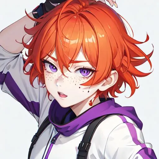 Prompt: Erikku male (short ginger hair, freckles, right eye blue left eye purple) UHD, 8K, Highly detailed, insane detail, best quality, high quality, casual outfit. full body