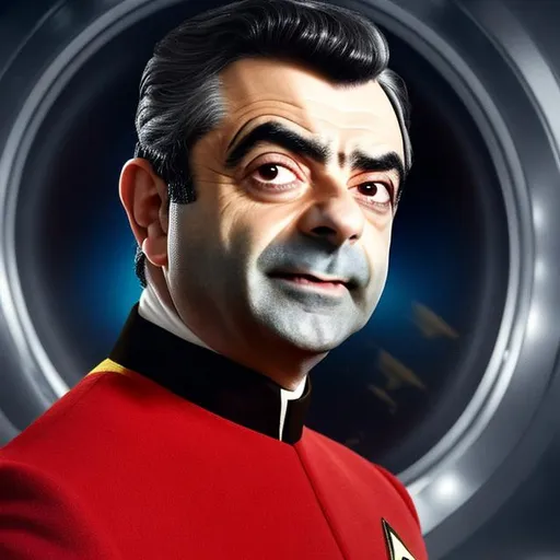 Prompt: A portrait of Rowan Atkinson, wearing a Starfleet uniform, in the style of "Star Trek the Next Generation."