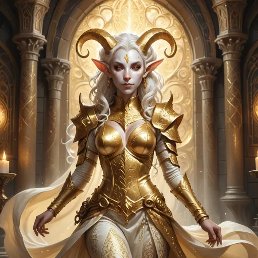 Prompt: Female Tiefling Cleric, enchanting figure with shimmering white skin, dressed in luxurious gold attire that reflects divine radiance, intricate patterns adorning the fabric. Background features a mystical temple bathed in soft ethereal light, serene atmosphere enhancing the cleric’s divine presence, rich details creating a captivating scene. High quality, ultra-detailed, fantasy art, dramatic shadows and highlights showcasing the spellbinding essence of this character.