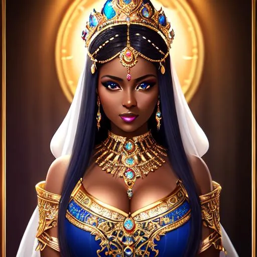 Prompt: fantasy, High Priestess queen, gorgeous, curve, stunning, fit, dark skin, UHD, 8k, high quality, ultra quality, perfect composition, trending art, trending on artstation, sharp focus, studio photo, intricate details, cinematic lighting, special effects, hyper realism, hyper realistic, Very detailed, high detailed face, high detailed eyes, oil painting, full body, holding a staff