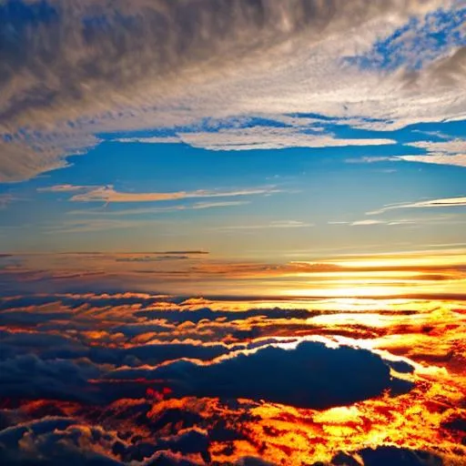 Prompt: sun in blue sky above, massive clouds below

