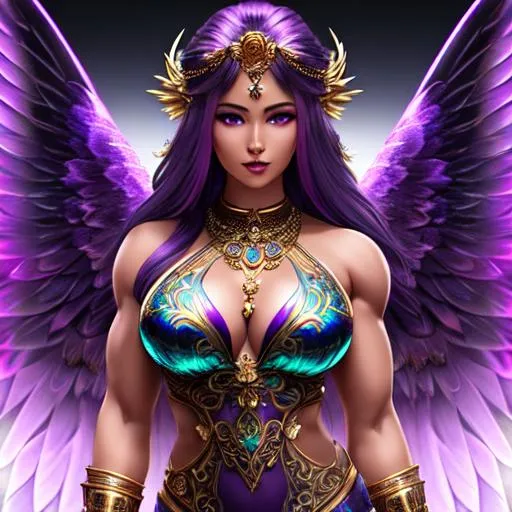 Prompt: female goddess with {iridescence} wings, purple hair, perfect body, muscle woman, perfect face, dusky skin, {god like}, photo realistic, unreal engine, intricate detail, splash screen, solar {plasma} wave