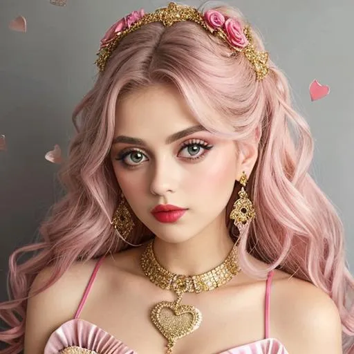 Prompt: big  eyes and carmine lips, silver and golden breaded silk, hearts, lips, pink cheeks, pink roses in hair