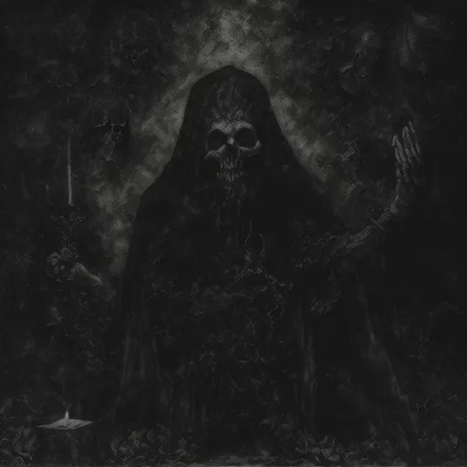 Prompt: High quality artwork for a black metal album.  Dead priests praying and worshipping the darkness around the catacomb with graves all over. Surrounded by the fog.