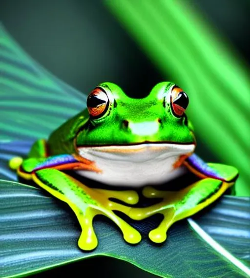 Prompt: Blue eyed hyperdetailed hyperreealistic frog with a cylinder hat sitting on antree leaves, beautiful colors , rainforest, 3d Blender Render, ultra Detailed Rendering, rainforest is visible