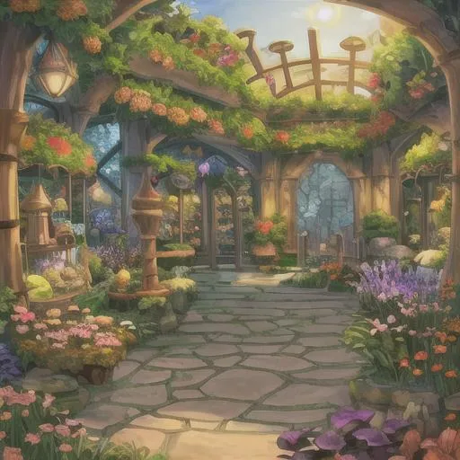 Prompt: A dungeons and dragons garden center, sunrise