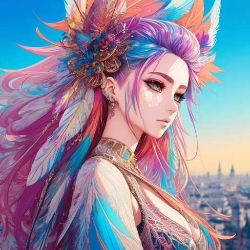 Prompt: Carne Griffiths, Conrad Roset,

intricate hyperdetailed breathtaking colorful glamorous anime model girl, petite small body, hyperdetailed intricate flying fluffy hair, stray hairs, glamorous colorful feather wing, glamorous colorful diamond heel, beautiful detailed face, hyperdetailed complex,

hopeful, cheerful,

glamourous hyperdetailed colorful pencil strokes long shot scenic view landscape with very wide angle medieval city background, looking from behind and above,

windy, glamorous sky, colorful glowing glamour sunshine, intricate glowing glamour colorful light reflection,

glamourous, key visual, precise lineart, vibrant, panoramic, cinematic, masterfully crafted, 8k resolution, beautiful, stunning, ultra detailed, expressive, vibriant color, hypermaximalist, colorful, rich deep color, vintage show promotional poster, glamour, brush strokes, UHD, HDR, UHD render,