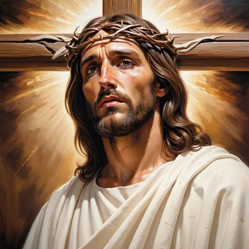 Prompt: Detailed religious painting of Jesus on the cross, traditional oil painting, sacred atmosphere with warm lighting, realistic portrayal of pain and suffering, intricate wood texture of the cross, flowing white robes, divine aura, emotional facial expression, high quality, sacred art, traditional, warm tones, realistic lighting