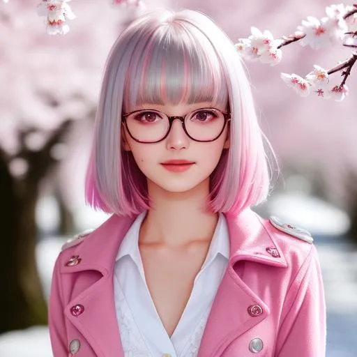 Prompt: 18 years old cute and beautiful girl, hi res, photography, wearing glasses, realistic, high details, facial details, messy stray hair bob fringe pink and silver, slim body, f-cup size, kneeling down in snowry winter cherry blossoms, hyperdetail, 4k, 8k, sunny day, pastel soild and sharp colour, backlit