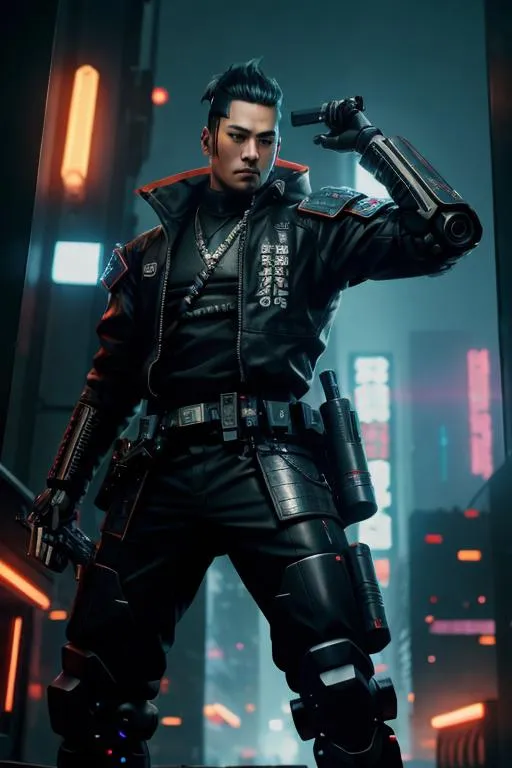 Prompt: Cyberpunk, robot, looking at camera, dark lighting, machine, Holding Gun up, looking at camera, 8K, HD, Male, samurai, gun, posing, arms up