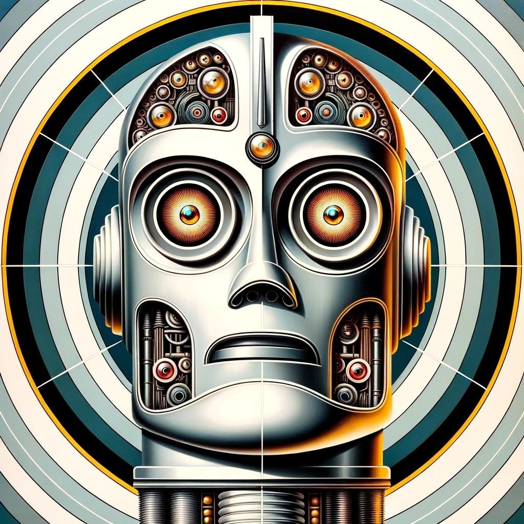 Prompt: Illustration in the style of precisionist art showcasing a robot with mid-century features. The robot's eyes gleam, and its facial expression is intense, all painted with oil on panel.