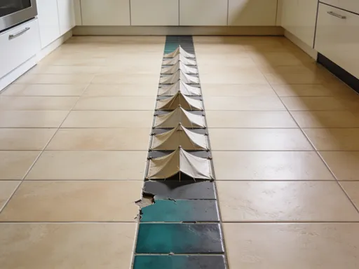 Prompt: A kitchen floor with a row of tented and buckled tiles that need replacement. Since the original tiles are discontinued, I want a modern interior design layout to replace the damaged vertical strip with a contrasting accent tile that blends beautifully with the remaining beige floor tiles."