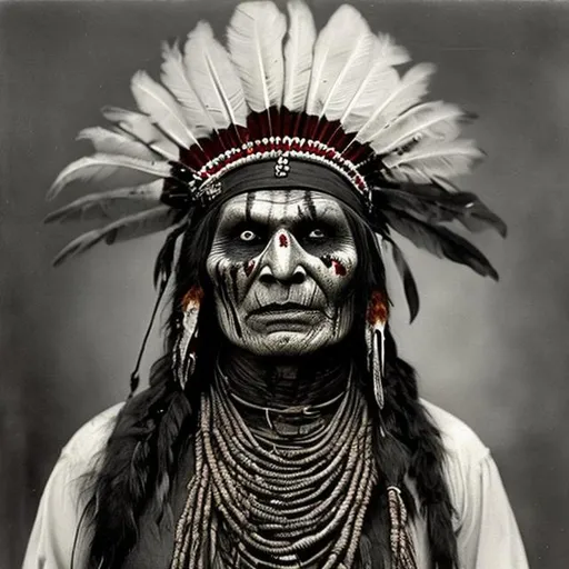 Prompt: Old picture of Indian pawnee

 chief  spirit zombie curserealistic 