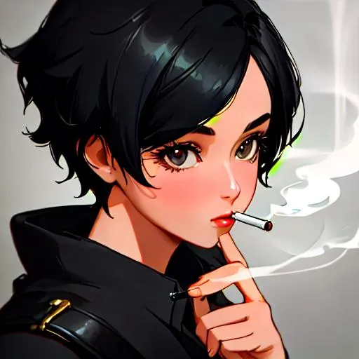 Prompt:  (female, short black hair) Smoking, 8k, UHD, Highly detailed, as a detective