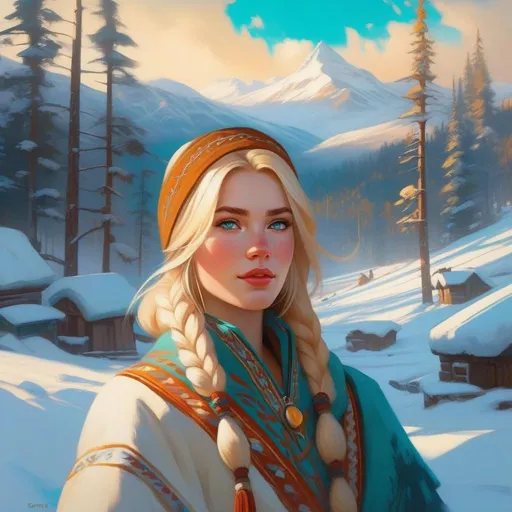 Prompt: Third person, gameplay, Saami girl, pale skin, blonde hair, freckles, teal eyes, snow, golden atmosphere, cartoony style, extremely detailed painting by Greg Rutkowski and by Henry Justice Ford and by Steve Henderson 