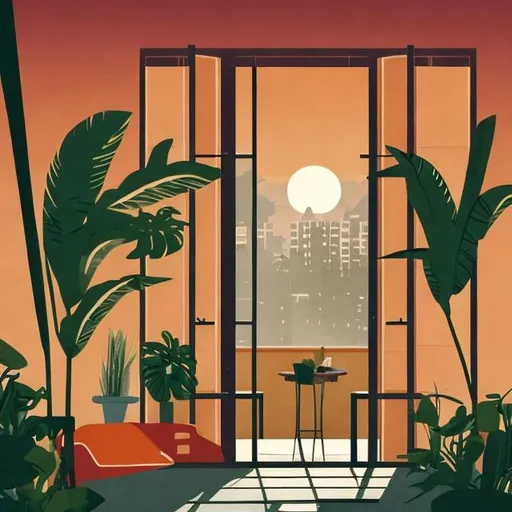 Prompt: You're inside a dark, concrete room and it is the golden hour. There is a large window that has horizontal blinds going from top to bottom. Outside you can see a shade awning and palm trees. There is a smokey, haze in the air from burning incense. Jazz is playing through the speakers. It is a dark, cozy setting. Illustration. Art.